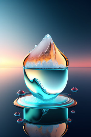 Melting ice cube in water. 3D illustration. Blue background.の写真素材