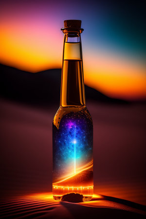 Bottle of liqueur in the desert at sunset. Selective focus.の写真素材