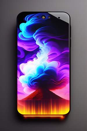 Smartphone with the image of a volcano on a black background.の写真素材