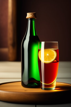 bottle and glass of red and green wine with slice of lemonの写真素材
