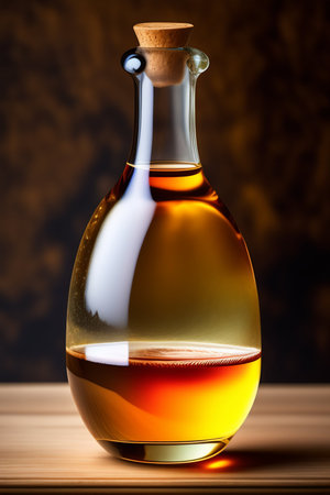 bottle of cognac on wooden table in front of dark backgroundの写真素材
