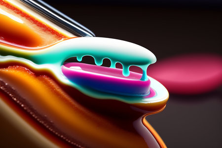 Close-up of a violin with colorful paint dripping on it.の写真素材