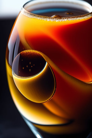Close-up of a glass of brandy with bubbles on black backgroundの写真素材