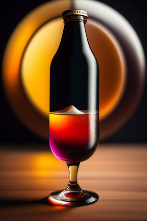 Cognac in a glass on a wooden table against the background of the night sky.の写真素材