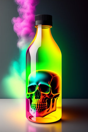 Skull in a bottle with colored smoke. 3D illustration.の写真素材