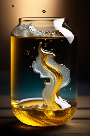 Splash in a glass on a wooden background. 3d renderingの写真素材