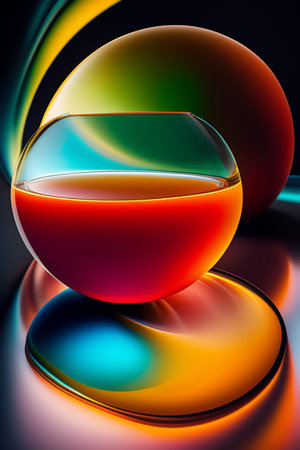 3D illustration of a glass with colored liquid on a black backgroundの写真素材