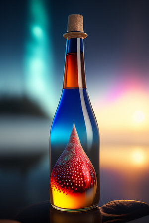 Bottle with magic elixir on the beach. 3d illustrationの写真素材