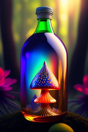 Magic potion in a bottle on a dark background. 3d illustrationの写真素材