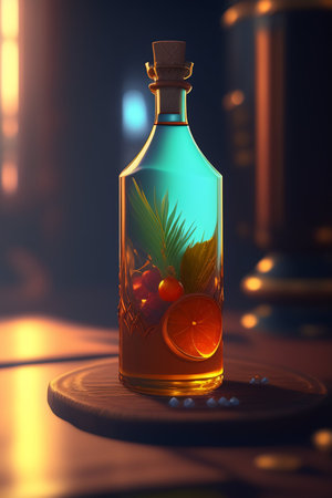 3d illustration of a bottle of orange syrup with fruits and herbsの写真素材