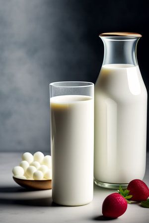 Milk in a glass and strawberries on a gray background, verticalの写真素材
