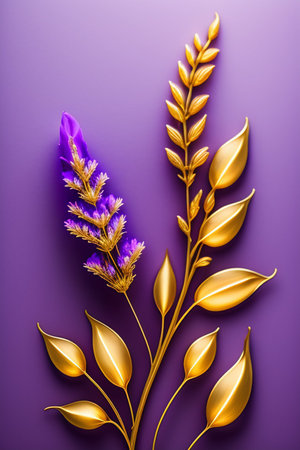 Golden and purple flowers on a purple background. 3d rendering.の写真素材