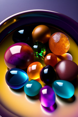 Colorful easter eggs in a bowl on a dark background.の写真素材