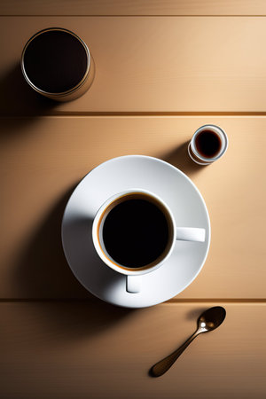 Coffee cup on wooden table background. Top view with copy spaceの写真素材