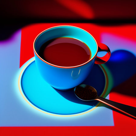 Cup of tea with a spoon on a red and blue backgroundの写真素材