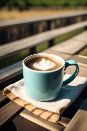 Coffee cup on wooden table in coffee shop, stock photoの写真素材