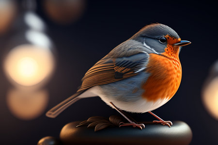 Robin bird on black background with bokeh effect. 3d illustrationの写真素材