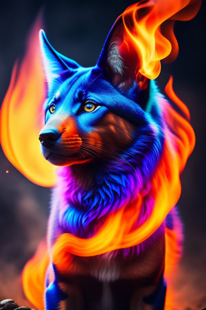 Flaming fox in the fire. Colorful fox portrait.の写真素材
