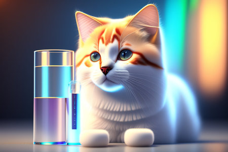 Cute cat and a glass of water. 3D rendering.の写真素材