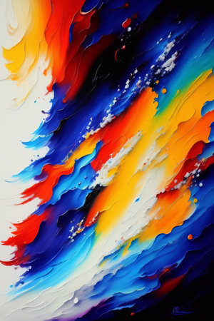 Abstract background with blue, red, yellow and orange paint splashesの写真素材