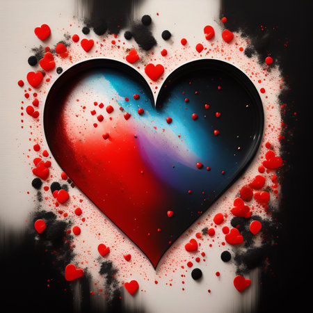 Valentine's day background with red and blue hearts on black backgroundの写真素材