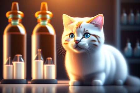 Cute cat and bottles of medicine on a dark background. 3d renderingの写真素材
