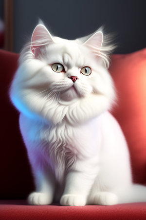 White persian cat with blue eyes sitting on a red sofa.の写真素材