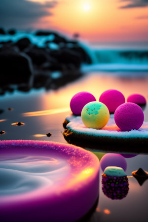abstract scene with pink and yellow balls on the sand at sunsetの写真素材