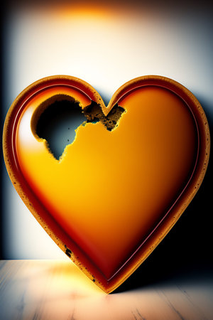 Broken heart on a wooden table. Valentines day background.の写真素材