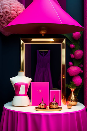 3d illustration of a beautiful showcase with a glass showcase and a pink dressの写真素材
