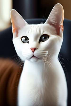Portrait of a white cat with big eyes on a black backgroundの写真素材
