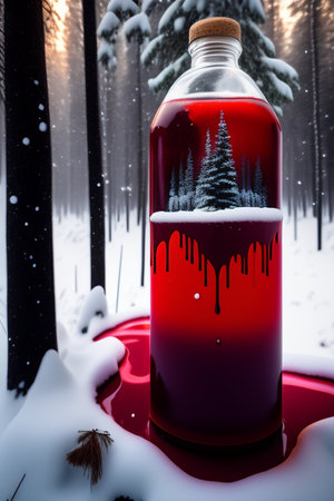 Red bottle with a magic elixir on the table in the winter forestの写真素材