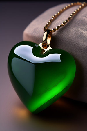 Green heart shaped pendant with golden chain on a white background.の写真素材