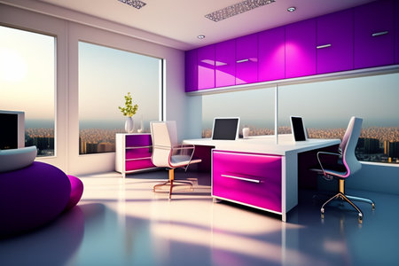3d render of modern office interior with purple furniture and city viewの写真素材