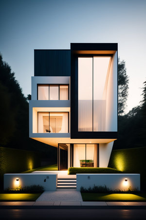 Exterior of modern cozy house with garden and swimming pool at night.の写真素材