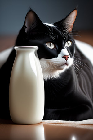 Black and white cat lying on the floor with milk in a bottleの写真素材