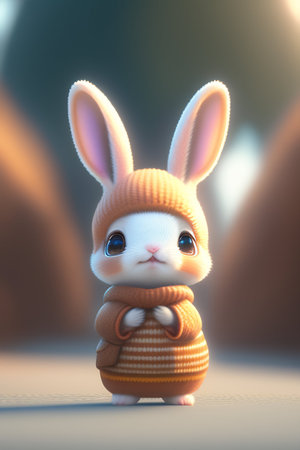 Cute little rabbit in knitted hat, 3d rendering. Computer digital drawing.の写真素材