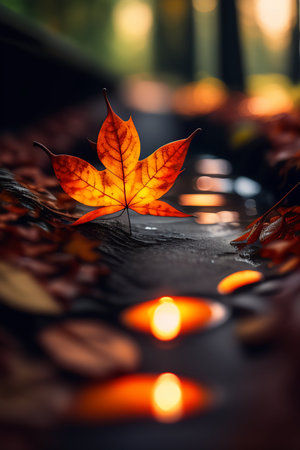 Autumn leaves and candles on a black background. Autumn concept.の写真素材