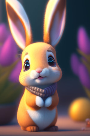 Easter bunny with easter eggs on a dark background. 3d renderingの写真素材