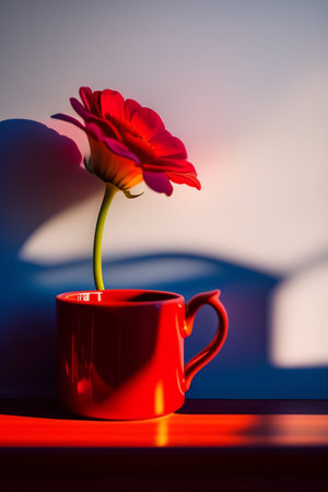 Cup of coffee with a red flower on a white background.の写真素材