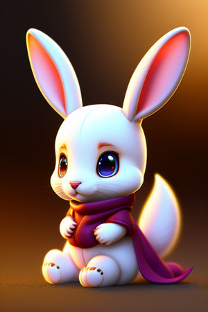 Cute white rabbit with scarf on a dark background. 3d renderingの写真素材