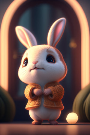 Cute little white rabbit in warm scarf and knitted hat.の写真素材