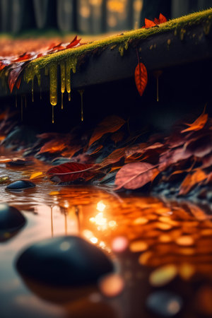 Autumn leaves in a puddle with water drops at sunset.の写真素材