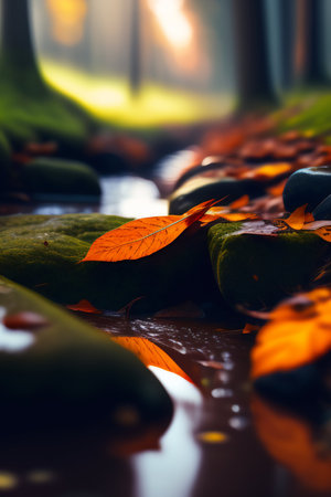 Autumn leaves in a puddle of water. Selective focus.の写真素材