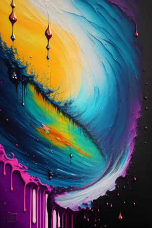 Colorful oil paint splashes on a black background. Close-up.