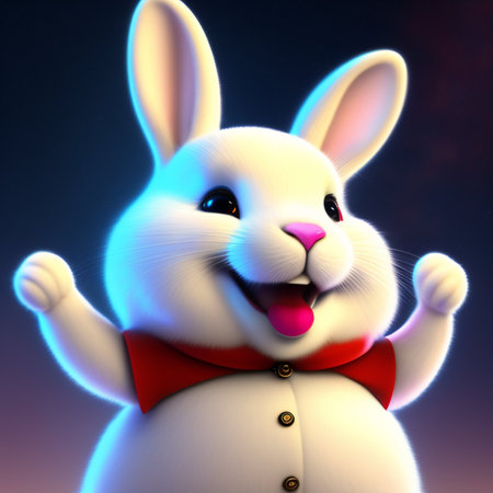 Cute white rabbit with red bow tie. 3D illustration.の写真素材