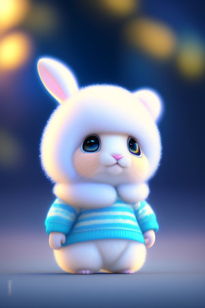 Cute little white bunny in a blue sweater. 3D rendering