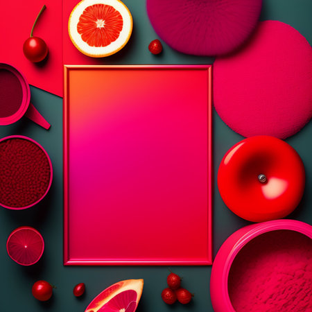 Creative layout made of red and pink organic fruit and berries. Flat lay, top viewの写真素材