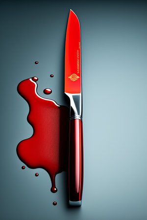 Bloody knife with blood splatter on grey background. 3d illustrationの写真素材