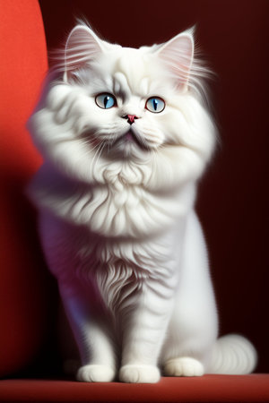 Beautiful white persian cat with blue eyes on red background.の写真素材
